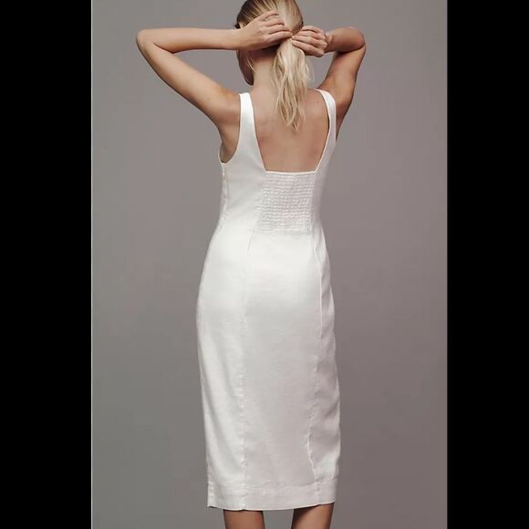 By Anthropologie Sleeveless Square-Neck Linen Button Wrap Midi Dress - Picture 3 of 7